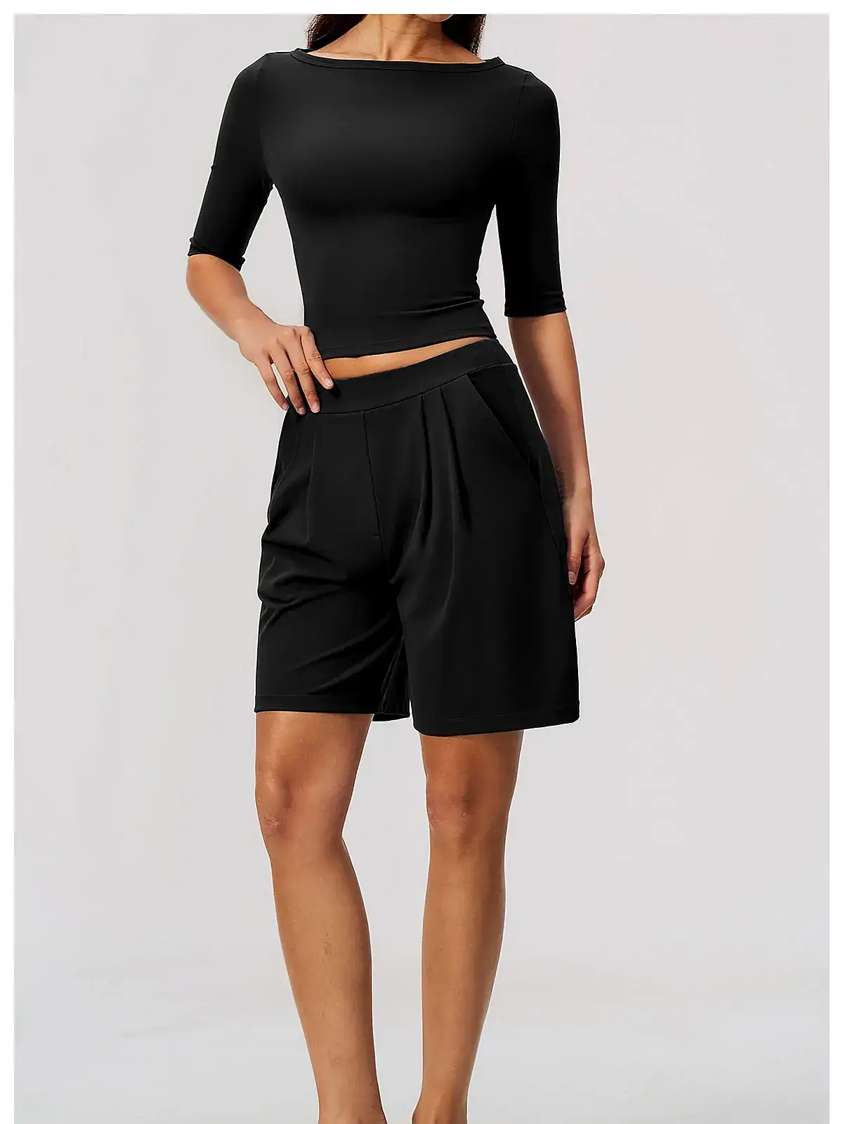Waistband detail on Cinched Elbow-Sleeve short yoga set