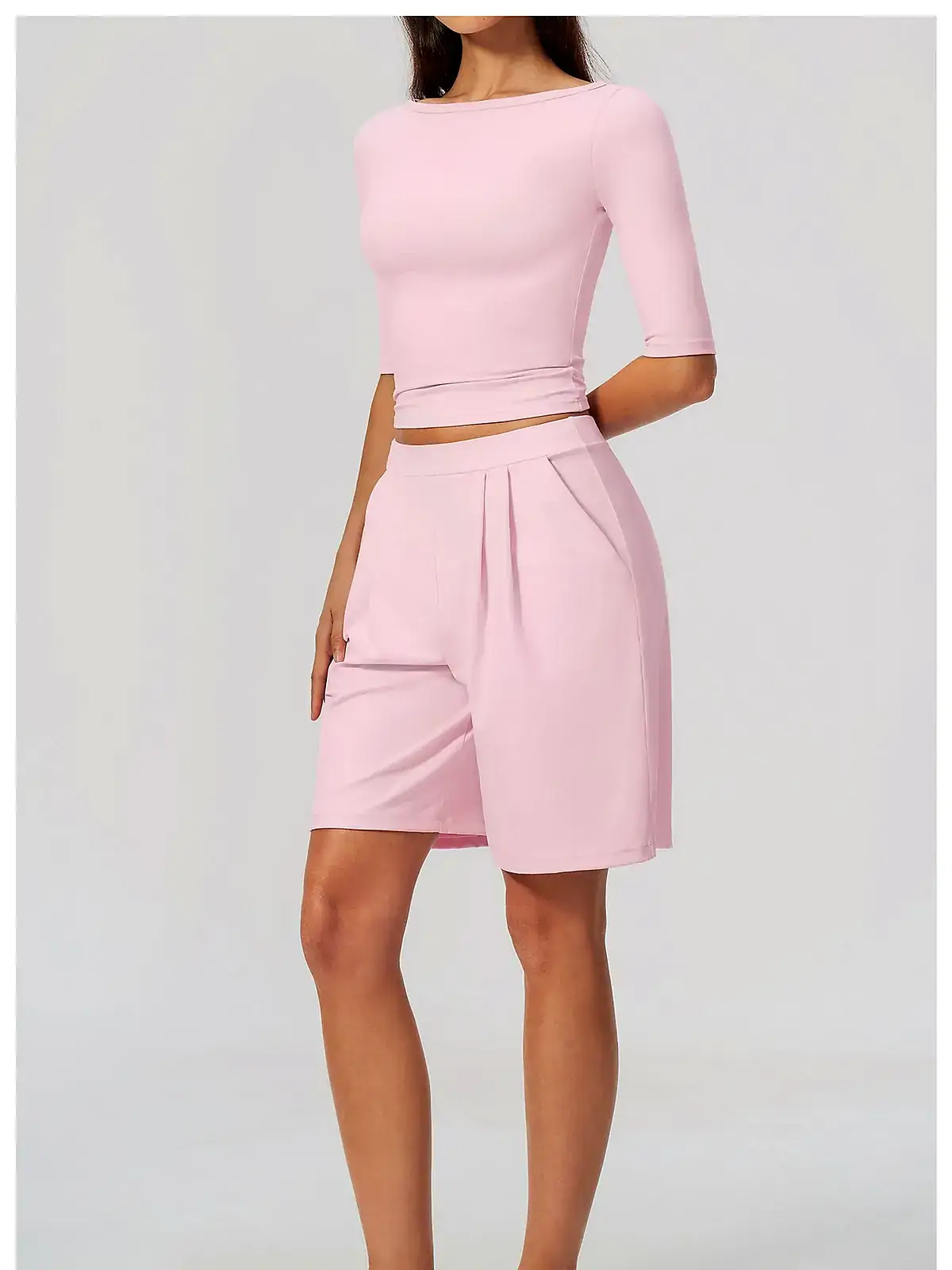 Cinched Elbow-Sleeve short yoga set back seam construction