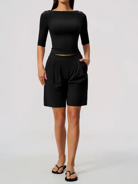 Cinched Elbow-Sleeve short yoga set in mocha front view
