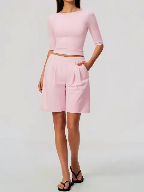Cinched Elbow-Sleeve short yoga set in mousse pink front view