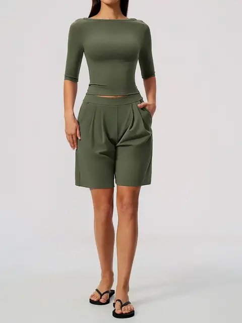 Cinched Elbow-Sleeve short yoga set in tea brown front view