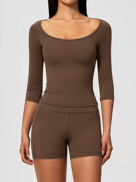 Cinched Elbow-Sleeve short yoga set in auburn front view