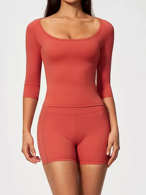 Cinched Elbow-Sleeve short yoga set in cherry red front view