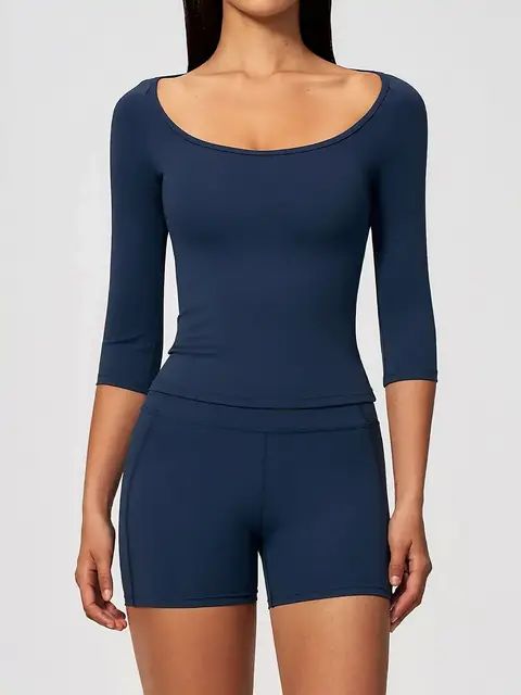 Cinched Elbow-Sleeve short yoga set in navy front view