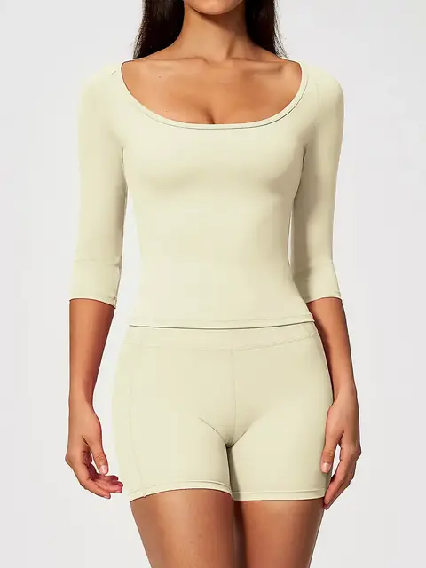 Cinched Elbow-Sleeve short yoga set in oat apricot front view
