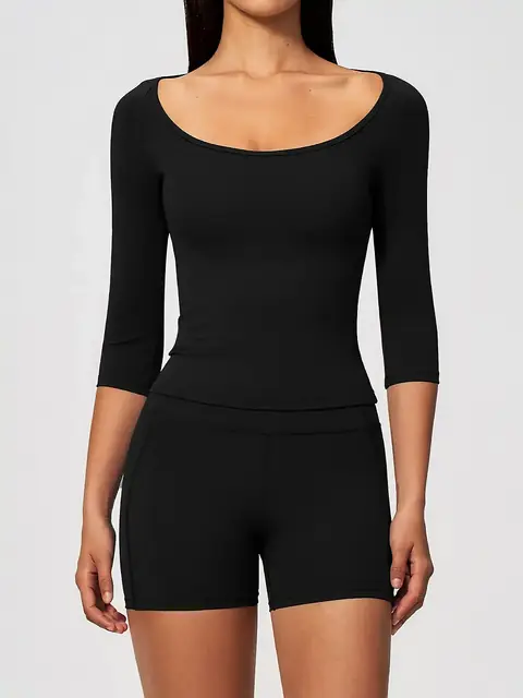 Cinched Elbow-Sleeve short yoga set in premium black front view