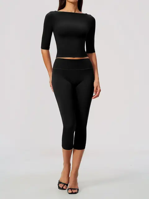 Cinched-Waist slim yoga set in dark chocolate front view