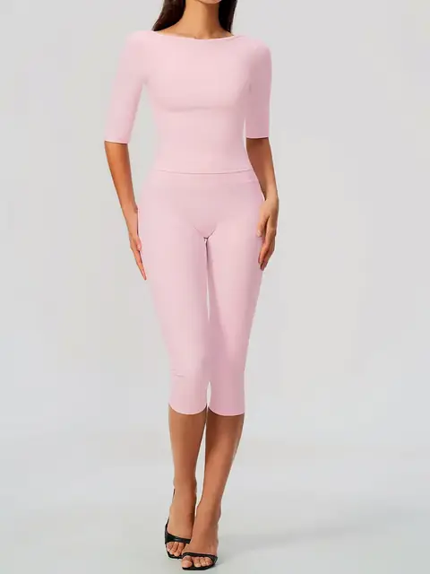 Cinched-Waist slim yoga set in mousse pink front view