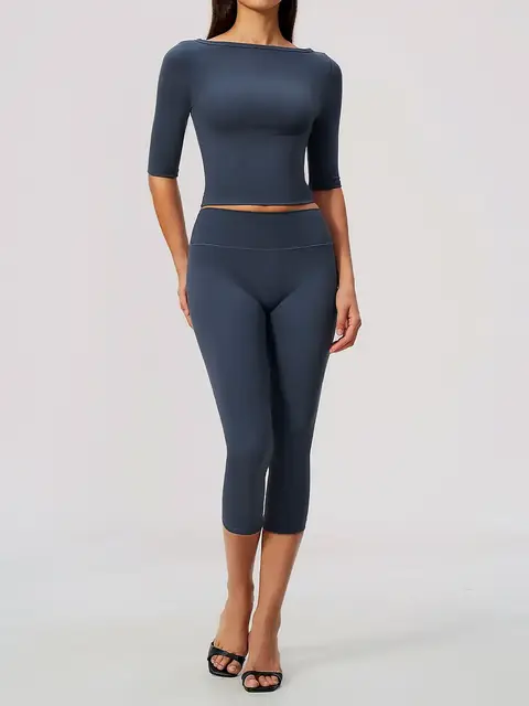 Cinched-Waist slim yoga set in rhino grey front view