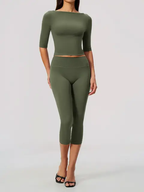 Cinched-Waist slim yoga set in tea brown front view