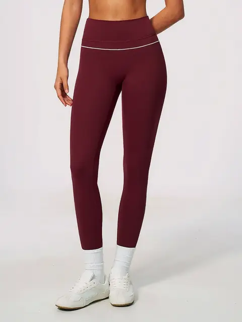 Colour-Block brushed High-Waist yoga leggings in burgundy front view
