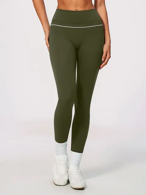Colour-Block brushed High-Waist yoga leggings in olive front view