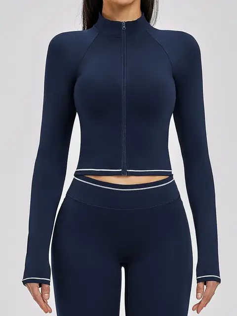 Colour-Block brushed zip running jacket in abyss blue front view