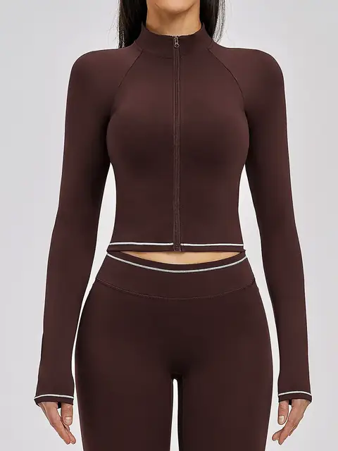 Colour-Block brushed zip running jacket in black coffee front view