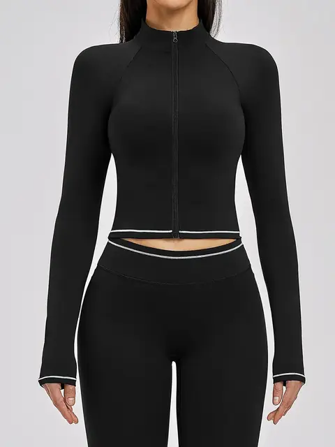 Colour-Block brushed zip running jacket in premium black front view