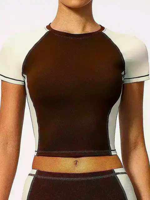 Colour-Block crop yoga tee in coffee brown front view