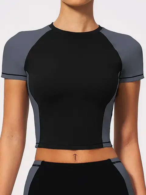 Colour-Block crop yoga tee in premium black front view