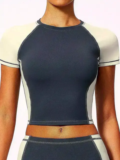 Colour-Block crop yoga tee in rhino grey front view