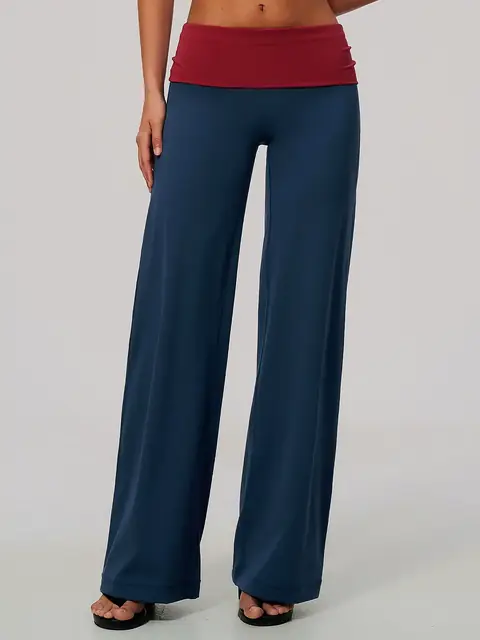Colour-Block Fold-Waist yoga leggings in ink navy front view