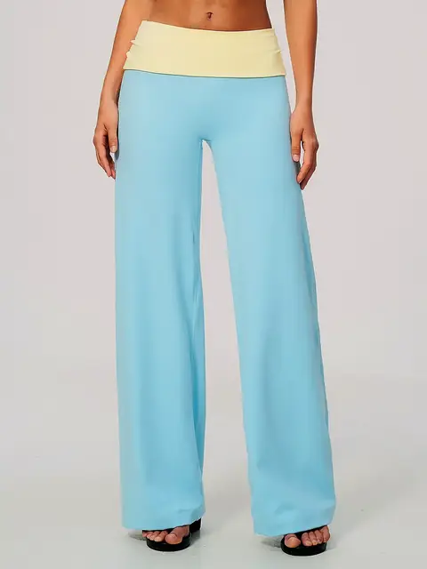 Colour-Block Fold-Waist yoga leggings in mist blue front view