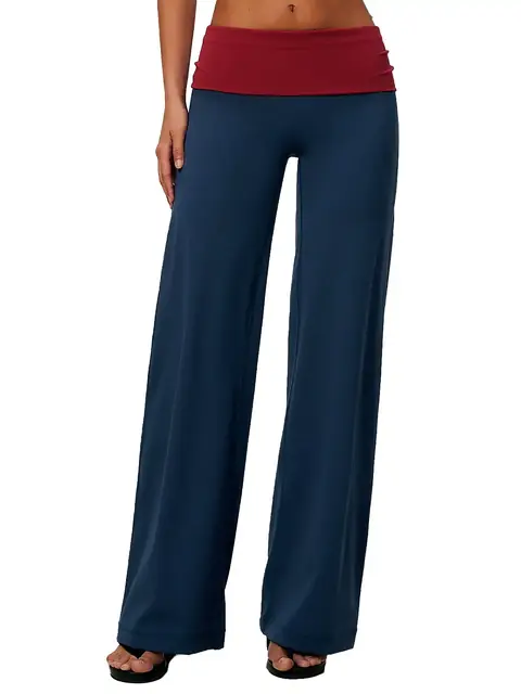 Colour-Block Fold-Waist yoga leggings in navy front view
