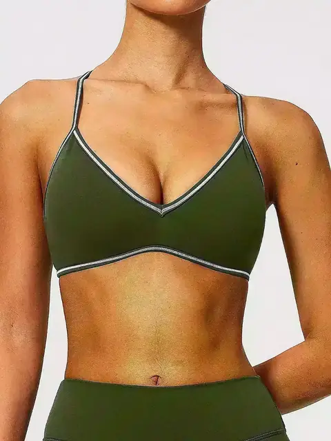 Colour-Block halter V-Neck yoga sports bra in caramel front view