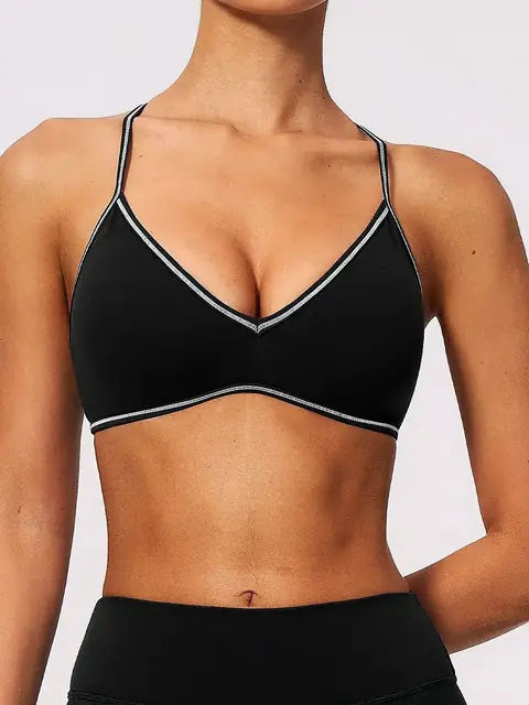 Colour-Block halter V-Neck yoga sports bra in cinnamon front view
