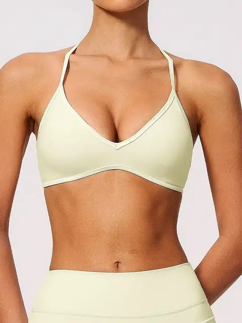 Colour-Block halter V-Neck yoga sports bra in cream apricot front view