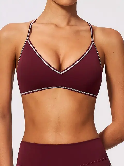 Colour-Block halter V-Neck yoga sports bra in terracotta front view