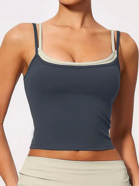 Colour-Block mock Open-Back yoga tank in auburn front view