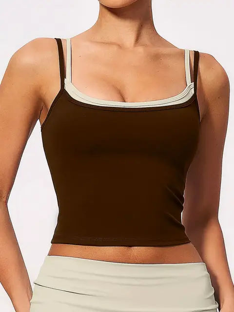 Colour-Block mock Open-Back yoga tank in coffee brown front view