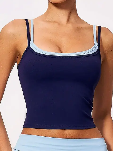 Colour-Block mock Open-Back yoga tank in mauve front view