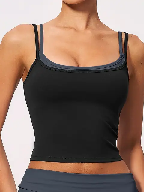 Colour-Block mock Open-Back yoga tank in tea brown front view