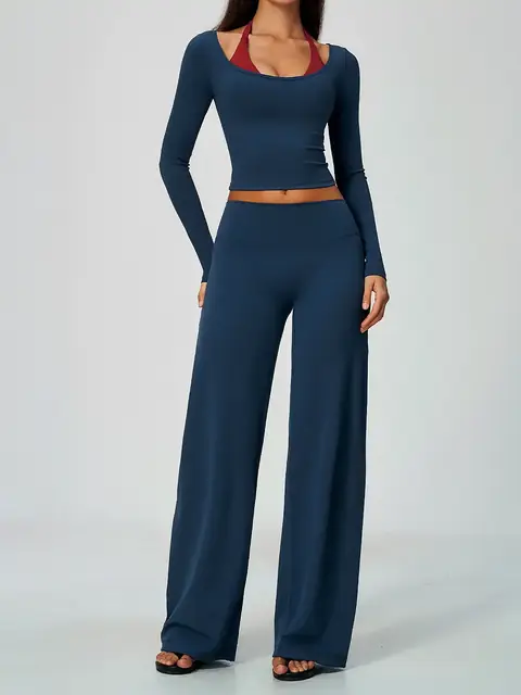 Colour-Block 2-in-1 running yoga set in ink navy front view