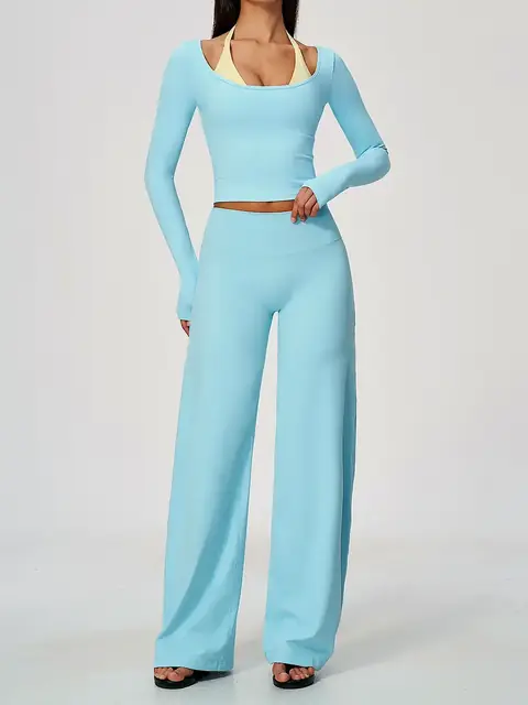 Colour-Block 2-in-1 running yoga set in mist blue front view