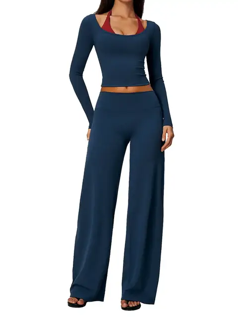 Colour-Block 2-in-1 running yoga set in navy front view
