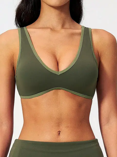 Colour-Block Open-Back sports bra in caramel front view