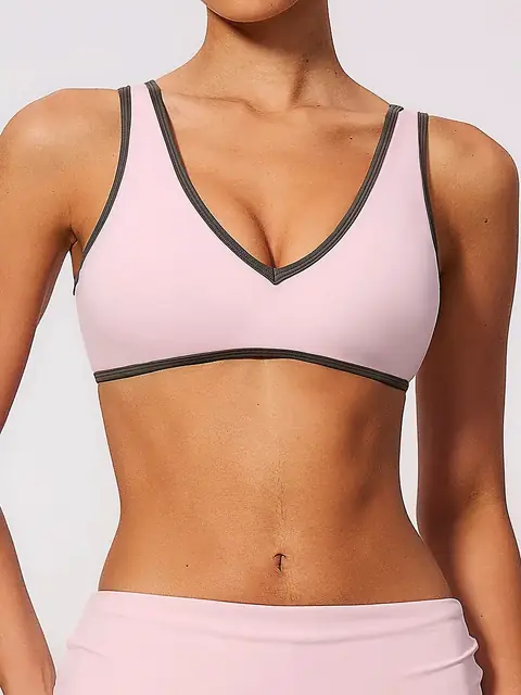 Colour-Block Open-Back sports bra in cream apricot front view