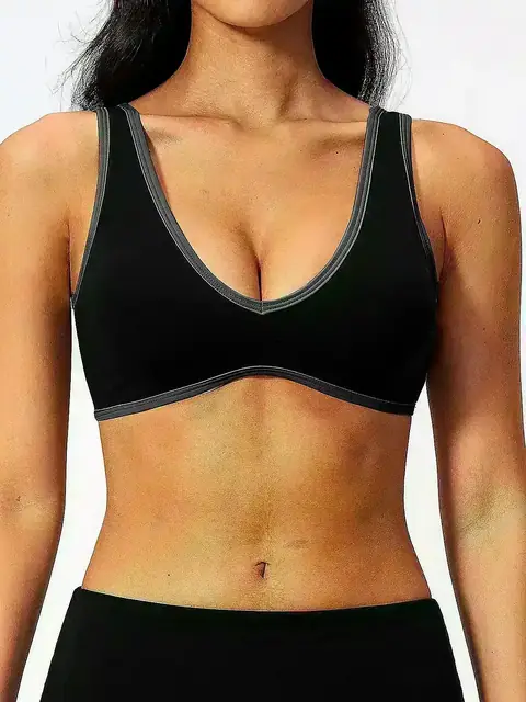 Colour-Block Open-Back sports bra in terracotta front view