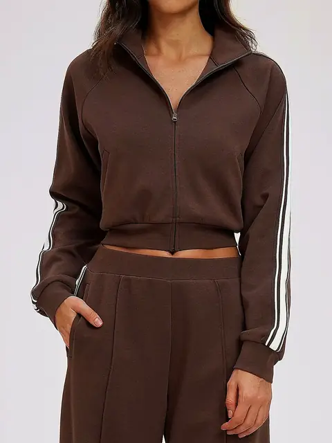 Colour-Block High-Neck zip jacket in coffee brown front view