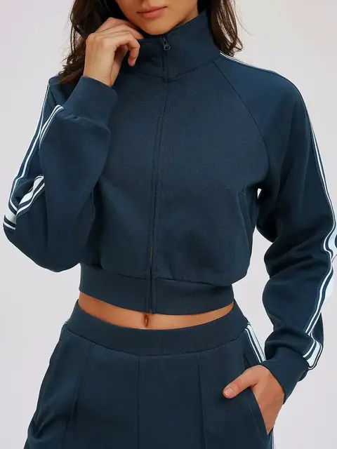 Colour-Block High-Neck zip jacket in navy front view