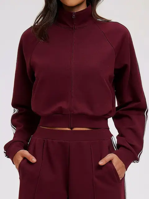Colour-Block High-Neck zip jacket in retro red front view