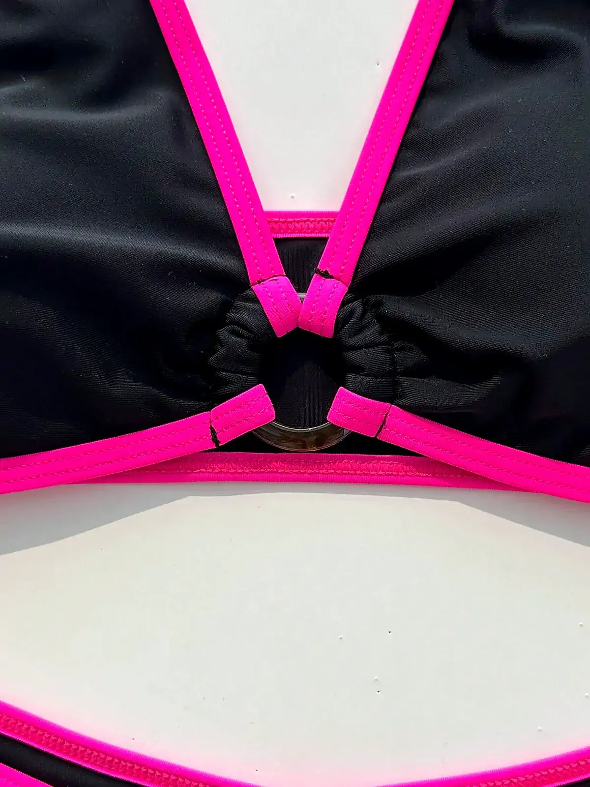 Pink & black contrast polka bikini back seam construction