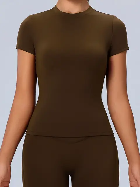 Crew-Neck Quick-Dry yoga tee in coffee brown front view