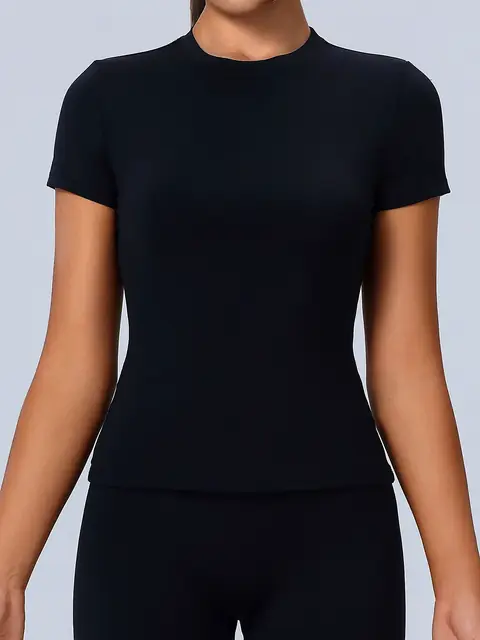 Crew-Neck Quick-Dry yoga tee in premium black front view