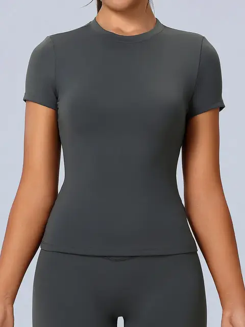 Crew-Neck Quick-Dry yoga tee in rhino grey front view