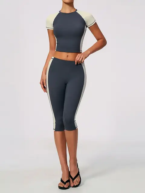 Crop Peach-Lift capri yoga set in tea brown front view