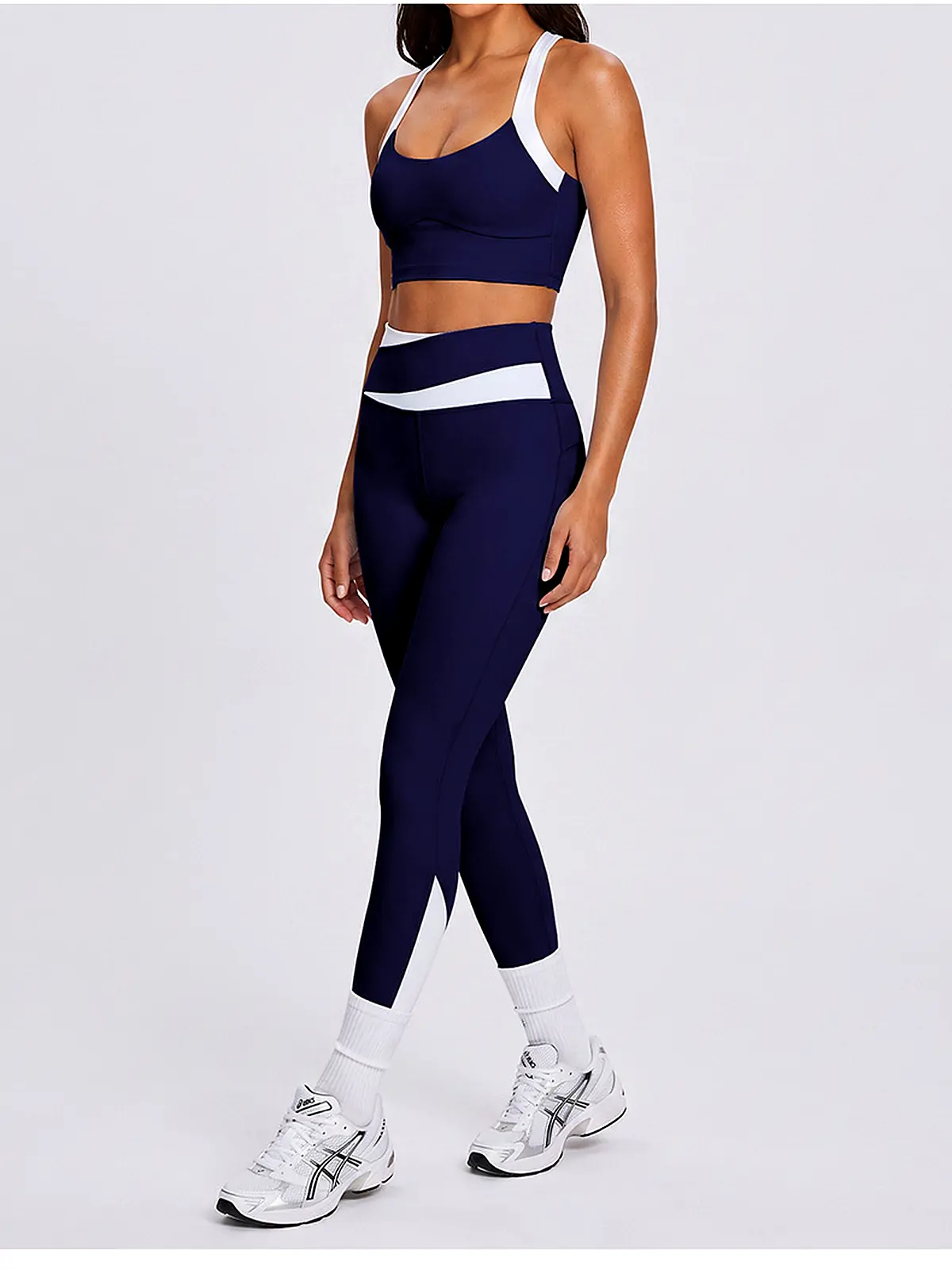 High-waist colour-block set back seam construction