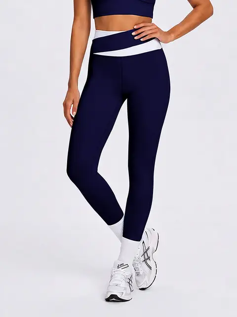 Cross-Back Colour-Block High-Waist yoga set in indigo front view