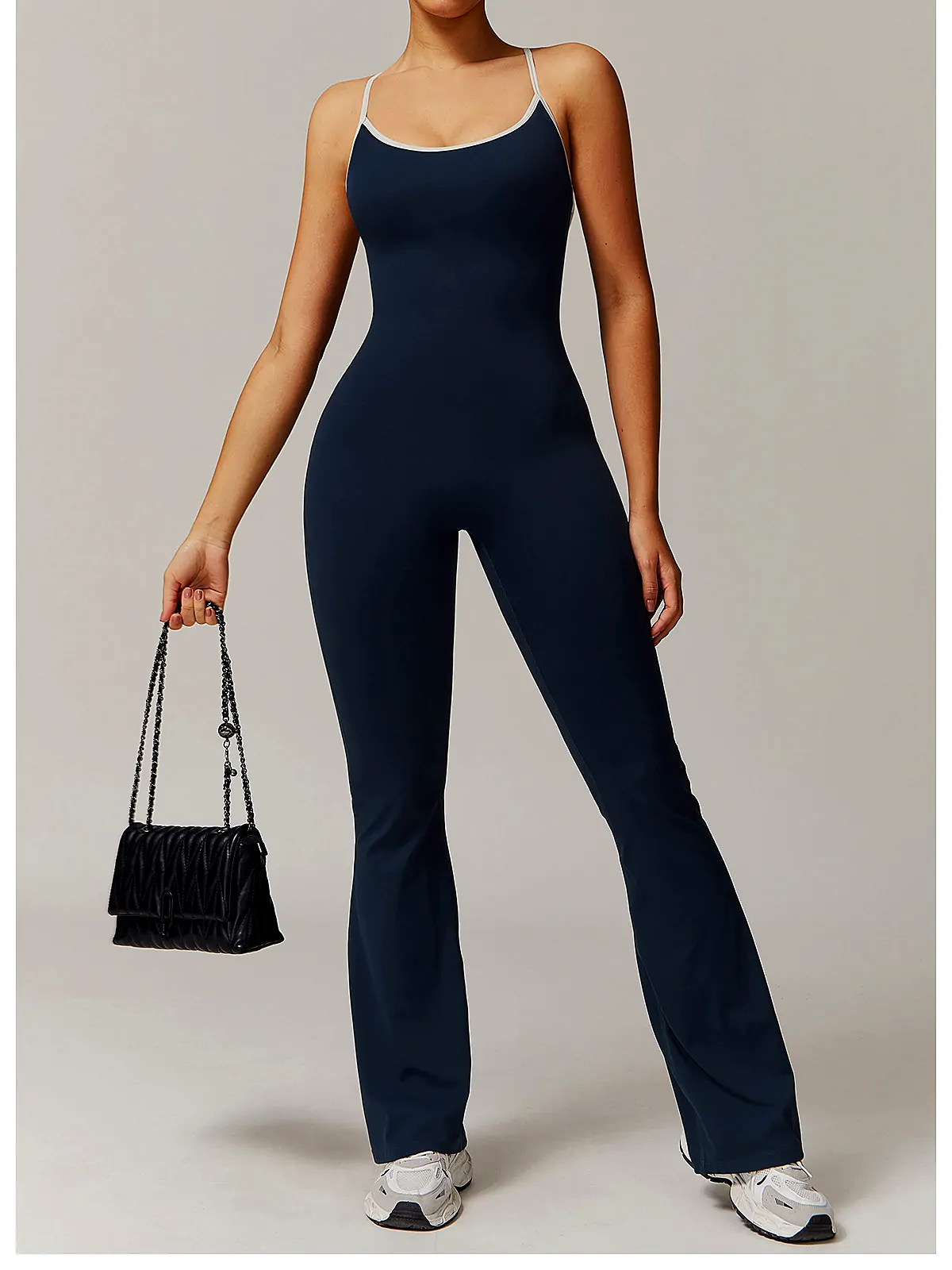 Cross-Back Flare Yoga Bodysuit — back seam construction
